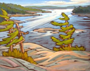I climbed up to this rock look-out with all my painting gear (a feat!)...and was treated to amazing, almost blinding, afternoon light shooting across the water. This makes for really great painting...to witness light like like that is a gift.