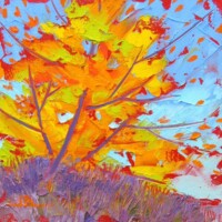 Fall Fun, textured oils, painted with palette knives, on board, 10x10, 2023, $250