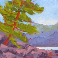 Pine and Distant Hills, textured oils, painted with palette knives, on board, 10x10, 2023, $250