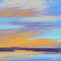 Sweet Sunset, textured oils, painted with palette knives, on board, 10x10, 2023, $250