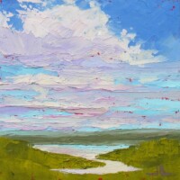 View of Bonnechere, textured oils, painted with palette knives, on board, 10x10, 2023, $250