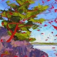Windy Pine, textured oils, painted with palette knives, on board, 10x10, 2023, $250